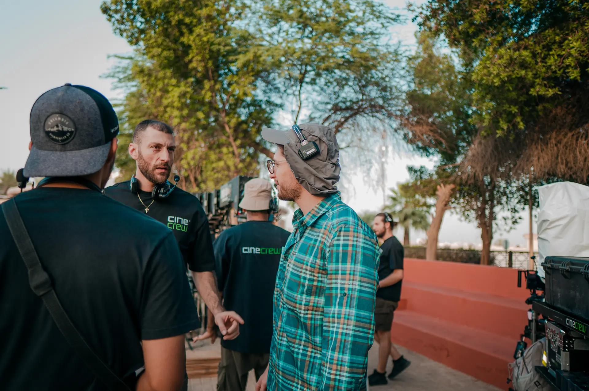 Behind the scenes on-set crew coordination during video shoot